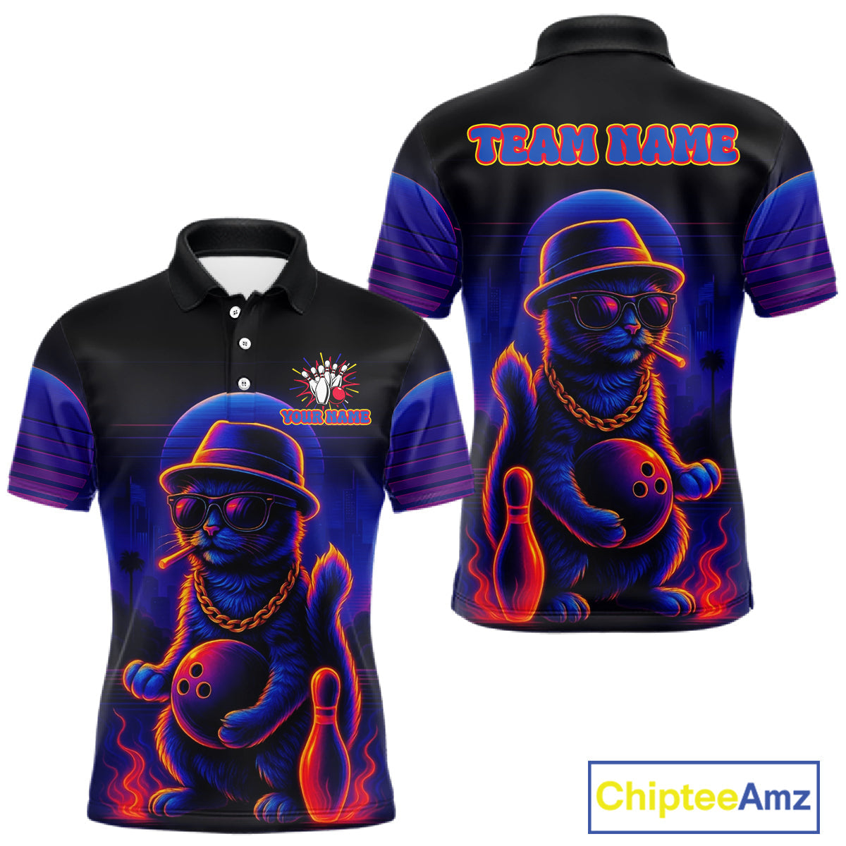 Custom Funny Cat Neon Bowling Jerseys Bowling Uniform Polo & 1/4 Zip Bowling Team Shirts
