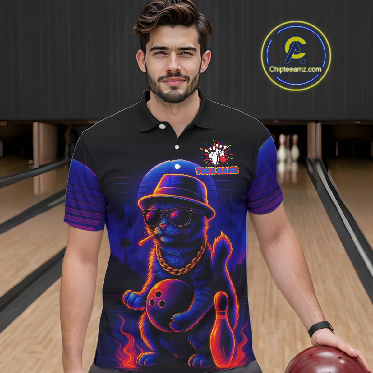 Custom Funny Cat Neon Bowling Jerseys Bowling Uniform Polo & 1/4 Zip Bowling Team Shirts