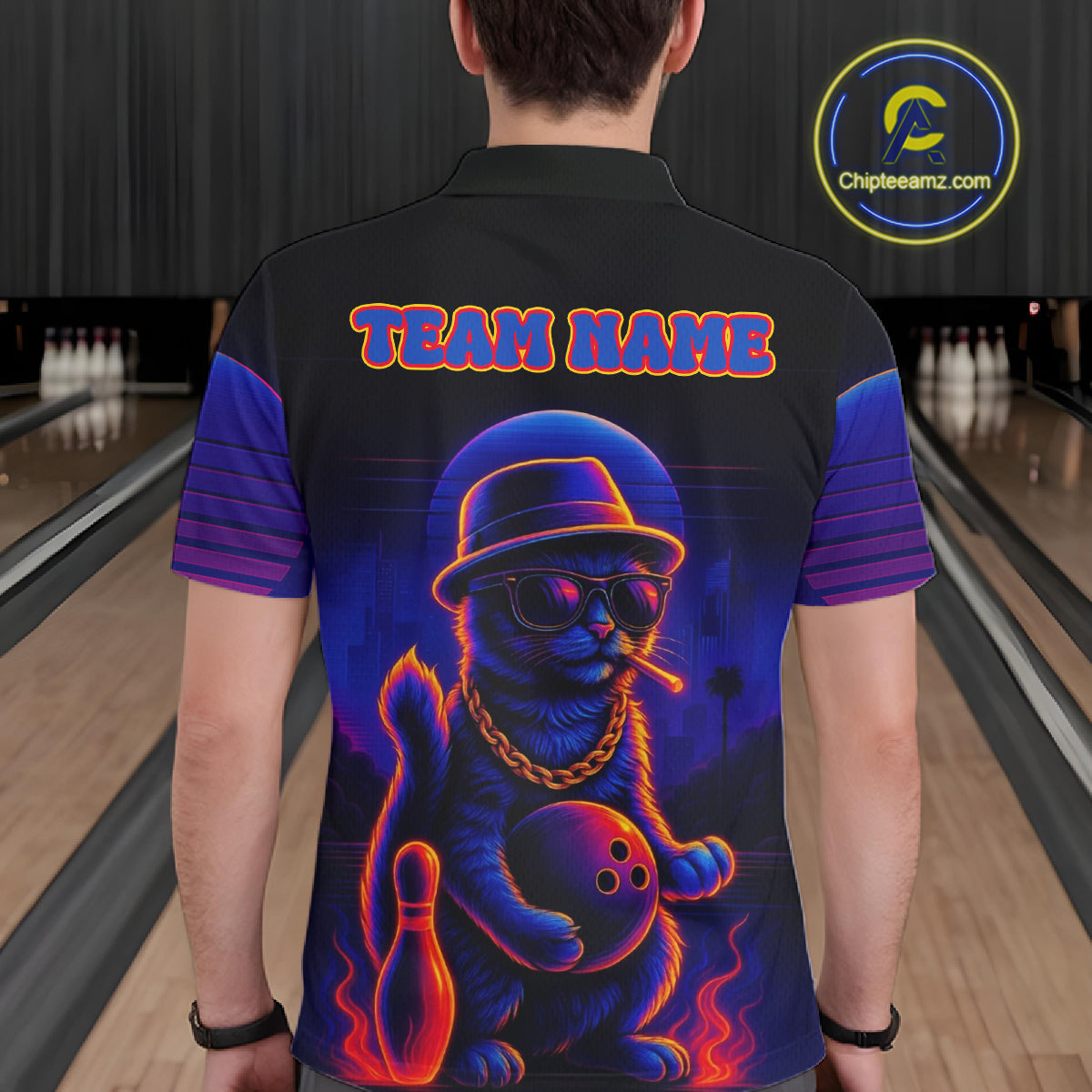 Custom Funny Cat Neon Bowling Jerseys Bowling Uniform Polo & 1/4 Zip Bowling Team Shirts