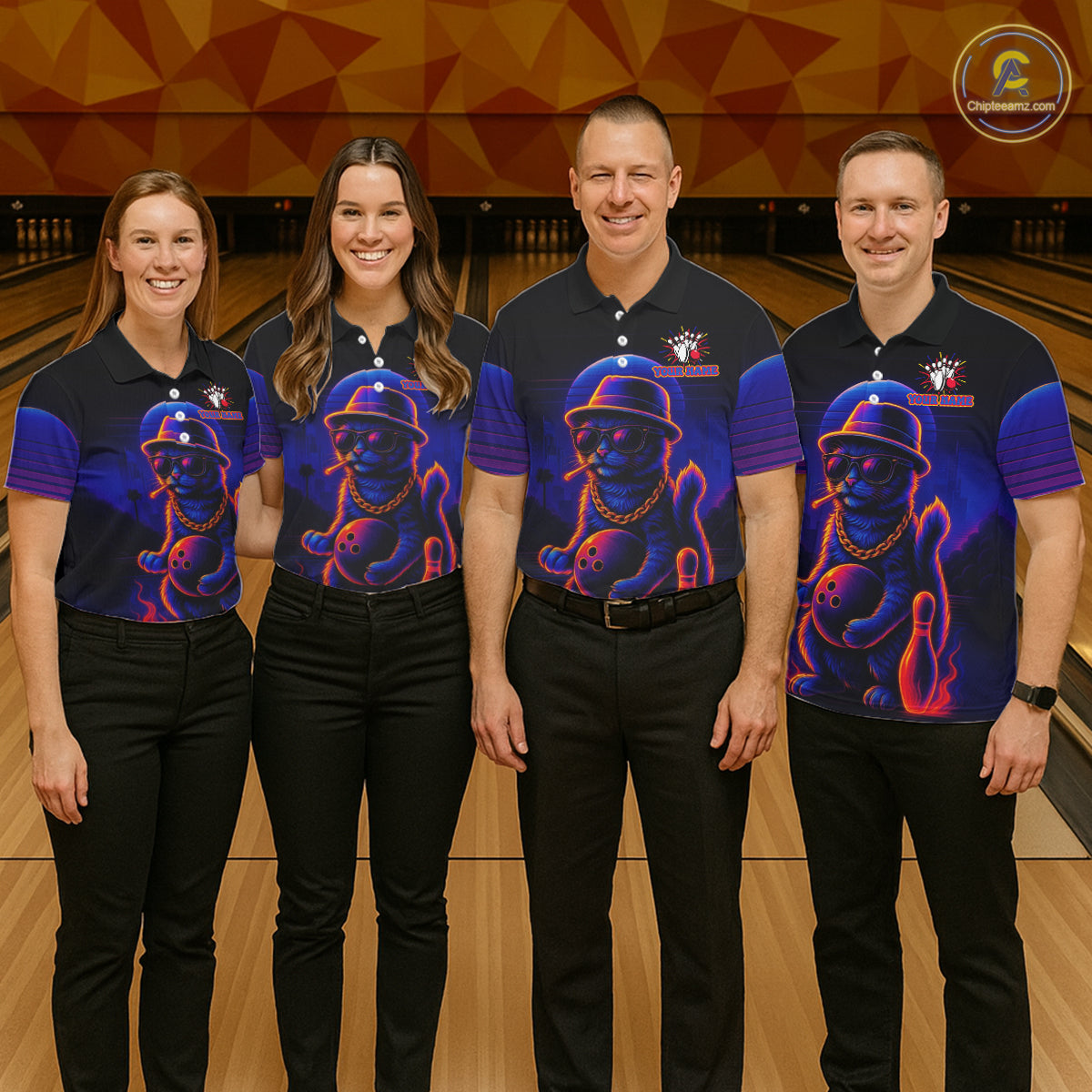 Custom Funny Cat Neon Bowling Jerseys Bowling Uniform Polo & 1/4 Zip Bowling Team Shirts