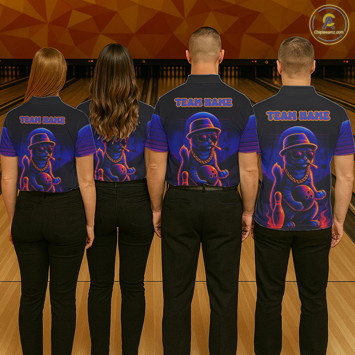 Custom Funny Cat Neon Bowling Jerseys Bowling Uniform Polo & 1/4 Zip Bowling Team Shirts