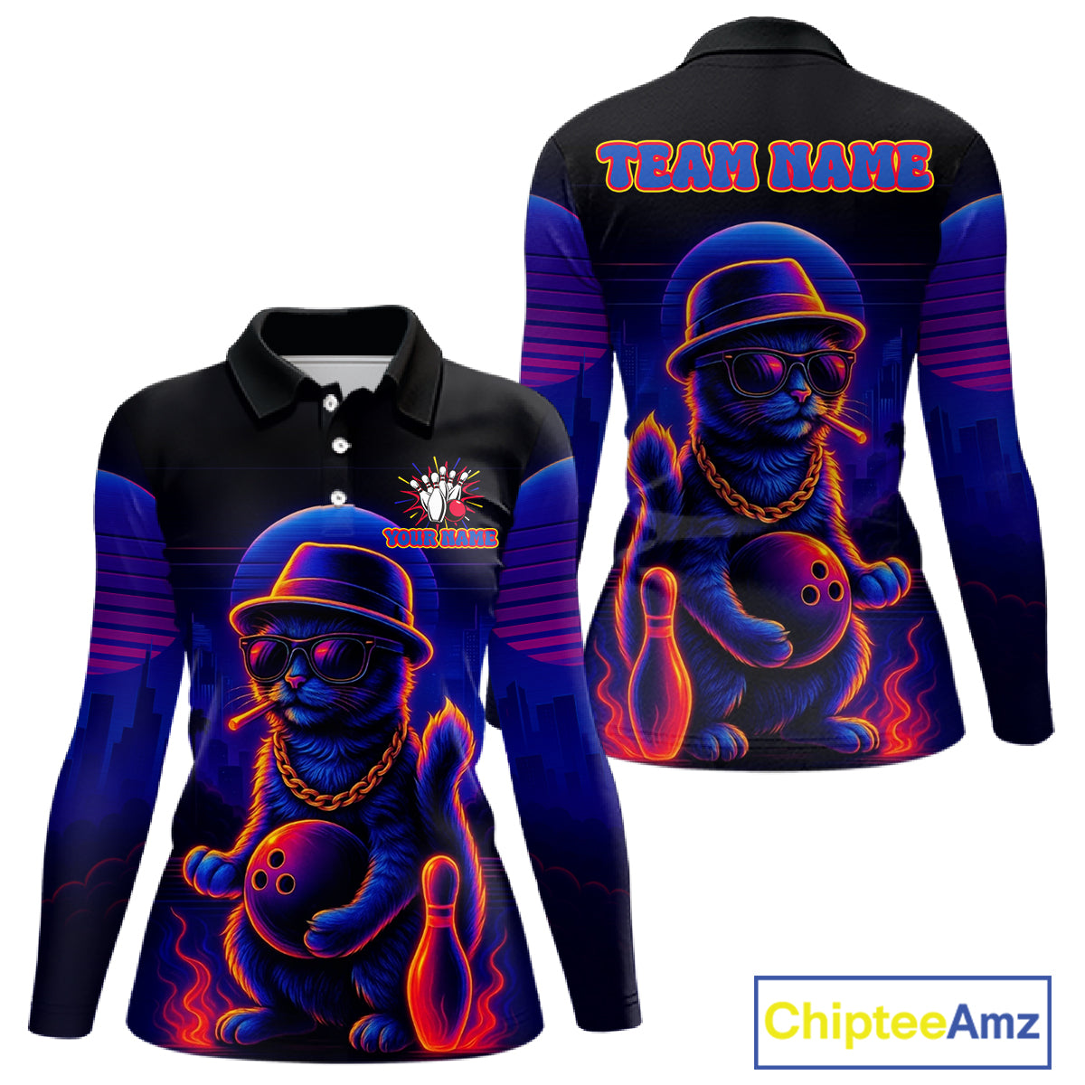 Custom Funny Cat Neon Bowling Jerseys Bowling Uniform Polo & 1/4 Zip Bowling Team Shirts