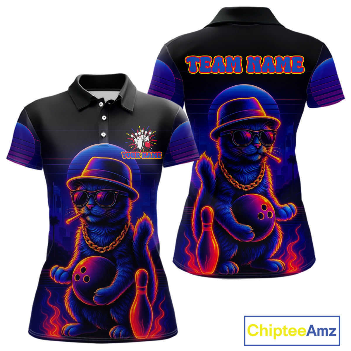 Custom Funny Cat Neon Bowling Jerseys Bowling Uniform Polo & 1/4 Zip Bowling Team Shirts