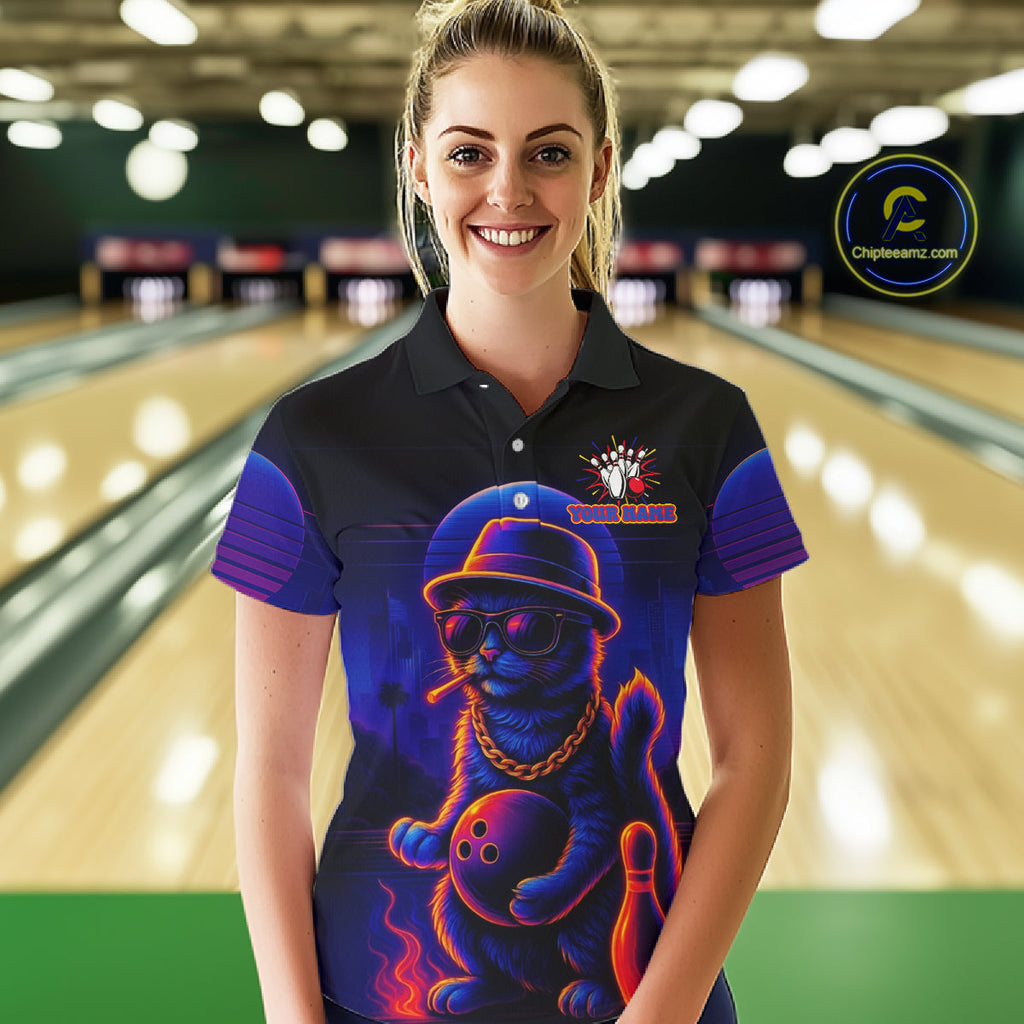 Custom Funny Cat Neon Bowling Jerseys Bowling Uniform Polo & 1/4 Zip Bowling Team Shirts