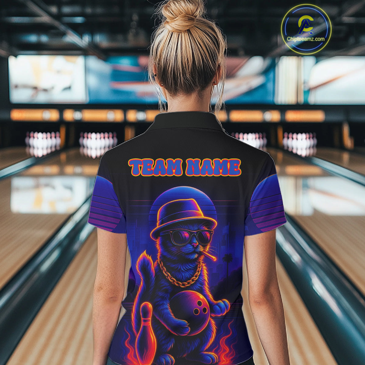 Custom Funny Cat Neon Bowling Jerseys Bowling Uniform Polo & 1/4 Zip Bowling Team Shirts