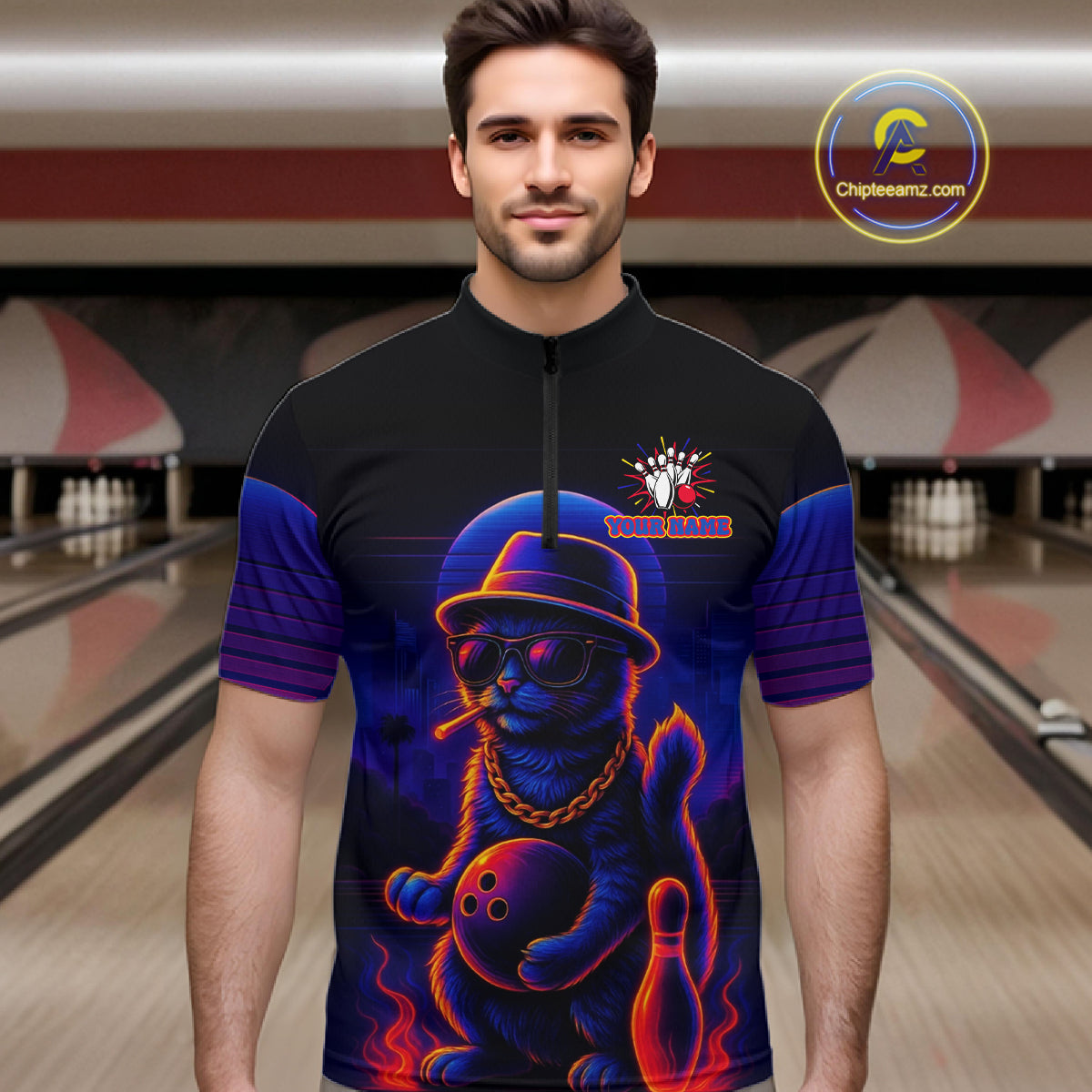 Custom Funny Cat Neon Bowling Jerseys Bowling Uniform Polo & 1/4 Zip Bowling Team Shirts