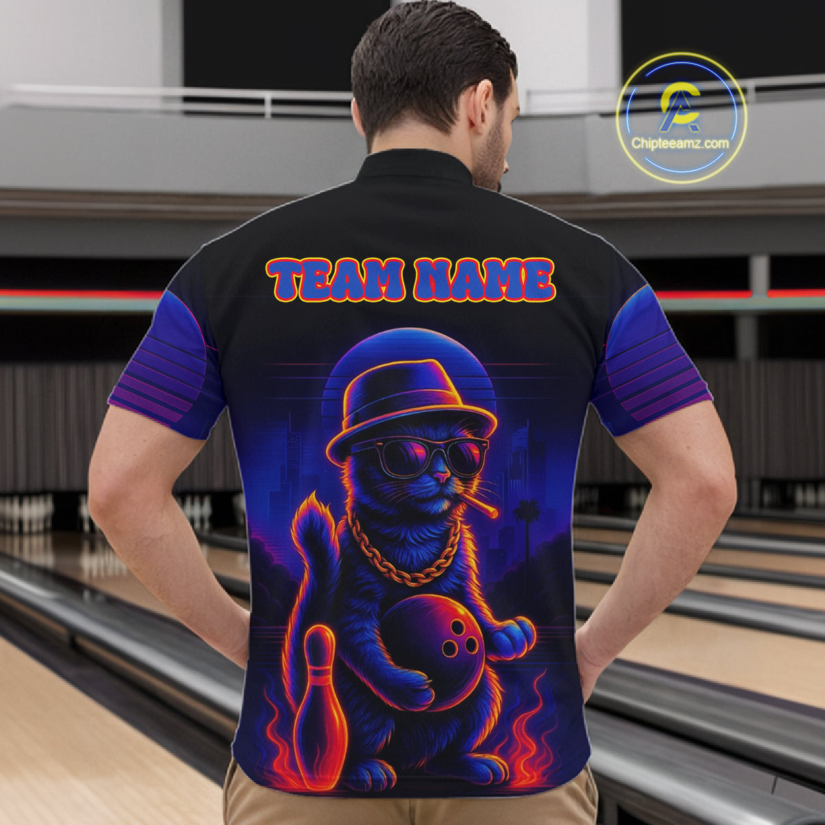 Custom Funny Cat Neon Bowling Jerseys Bowling Uniform Polo & 1/4 Zip Bowling Team Shirts