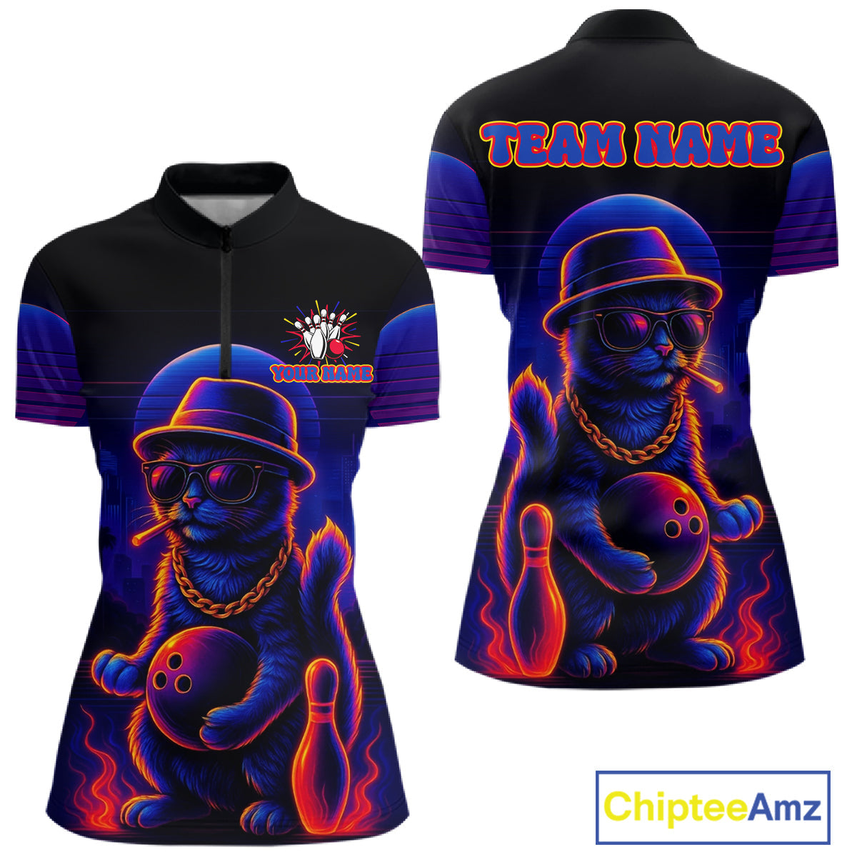 Custom Funny Cat Neon Bowling Jerseys Bowling Uniform Polo & 1/4 Zip Bowling Team Shirts