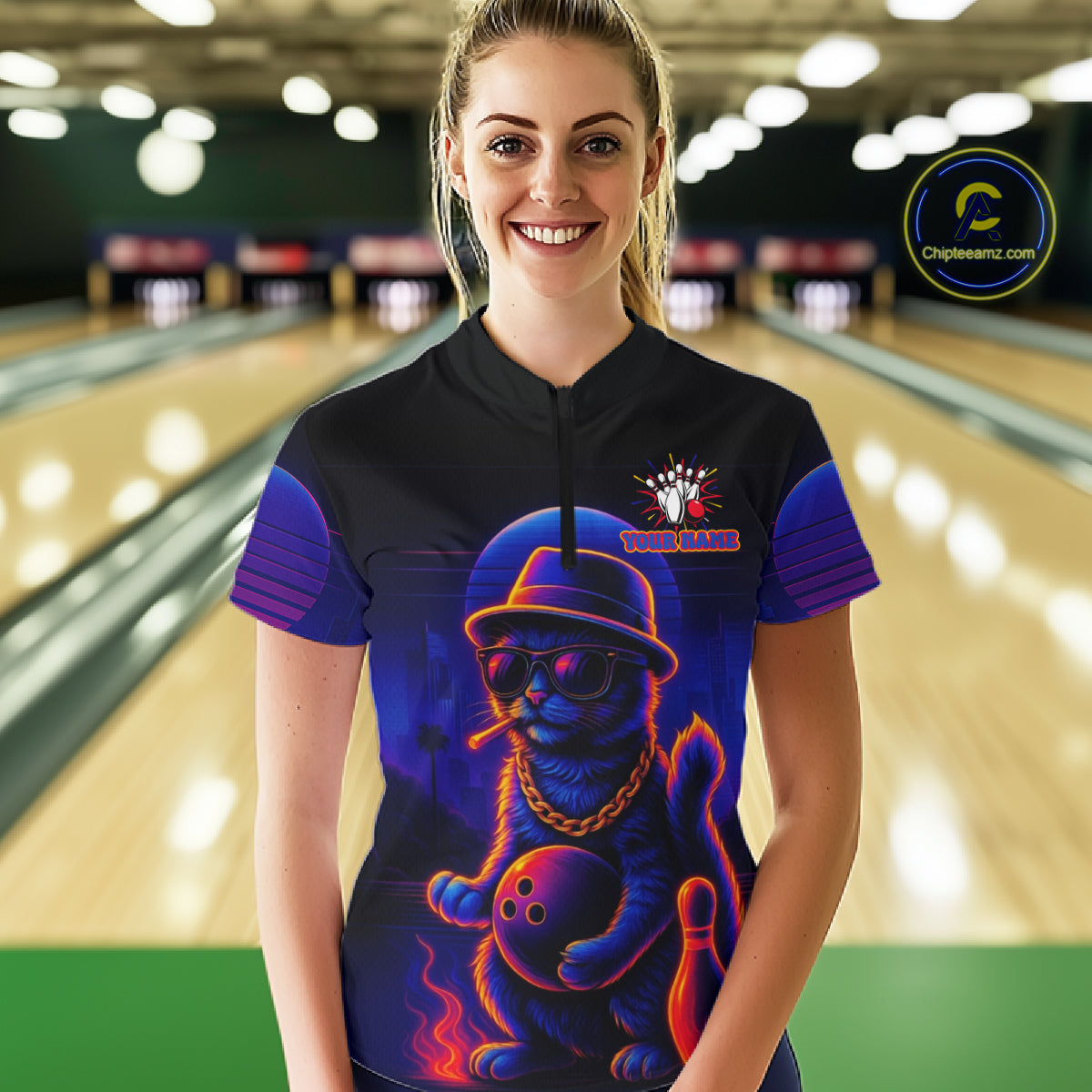 Custom Funny Cat Neon Bowling Jerseys Bowling Uniform Polo & 1/4 Zip Bowling Team Shirts