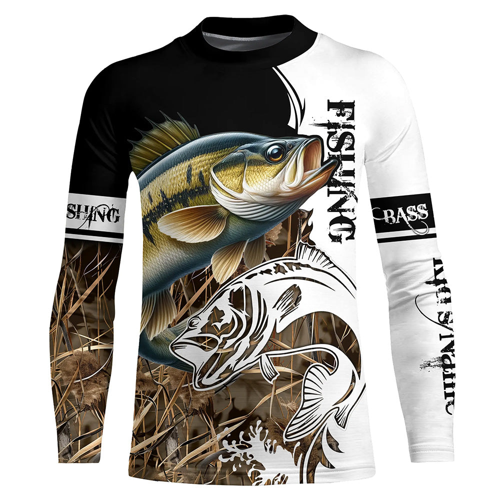 Smallmouth Bass Fishing Camo UV protection long sleeves shirt Custom Smallmouth Bass Fishing Jerseys