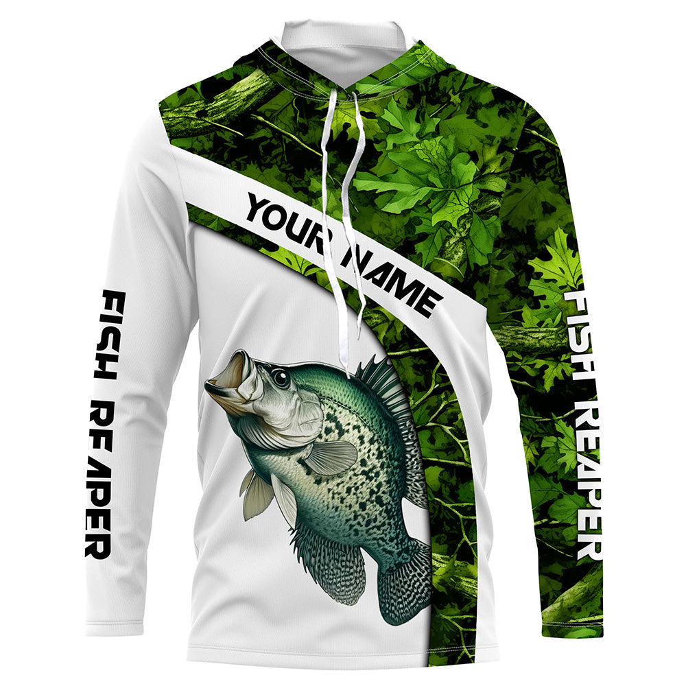 Crappie fishing Green Camo UV protection Customize name long sleeves fishing shirts, gift for fisherman