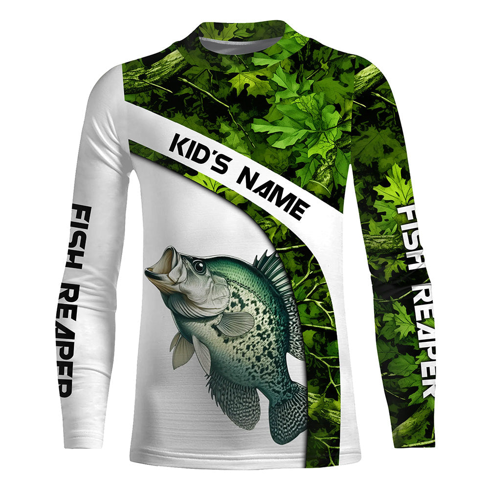Crappie fishing Green Camo UV protection Customize name long sleeves fishing shirts, gift for fisherman
