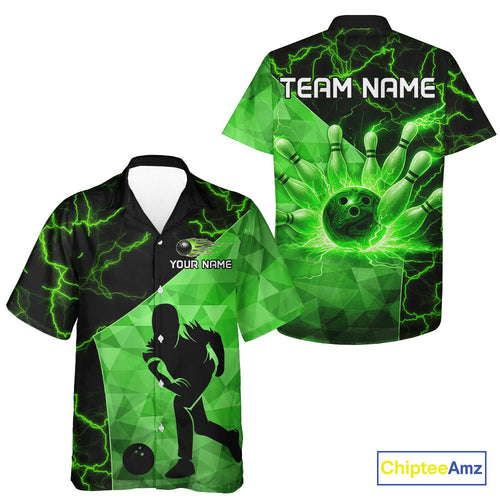 Green Thunder Lightning Bowling Hawaiian Shirt Custom Team Bowling Outfit