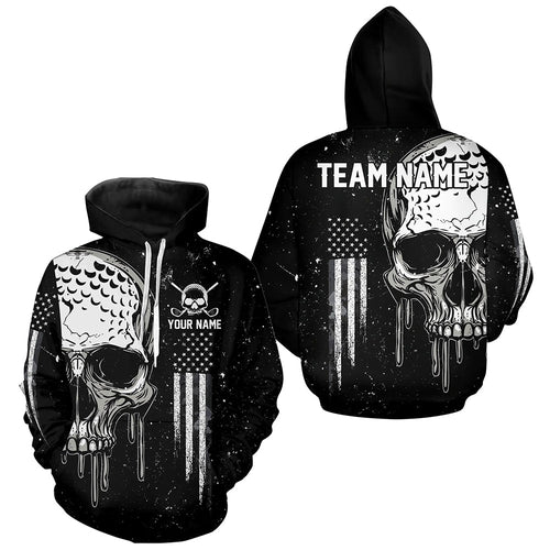 Personalized Black and White American Flag Skull Golf Hoodies, Patriotic Golf Jerseys