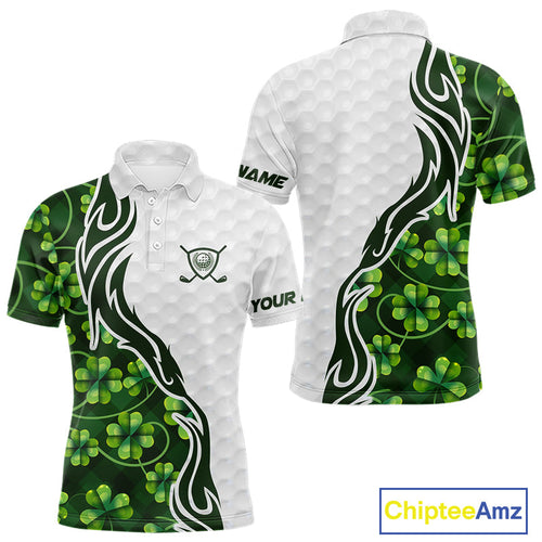 Custom White and Green shamrock pattern Golf Polo Shirts, St Patrick's day team golf top