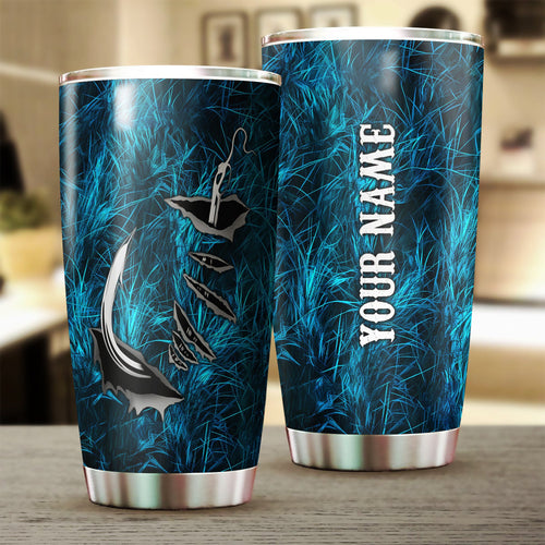 1PC blue camo Fishing Fish hook Customize Stainless Steel Fishing Tumbler Cup, gift for Fishing lovers