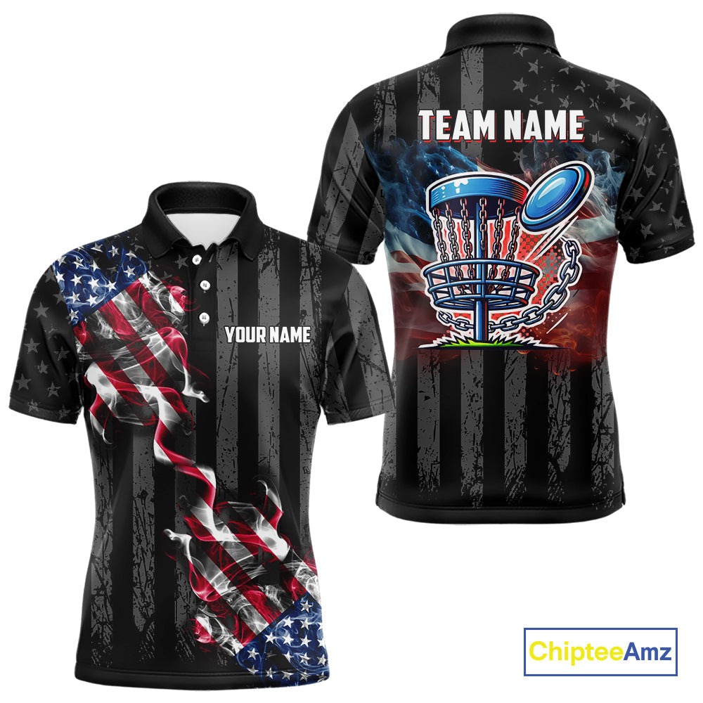 Black American flag smoke disc golf polo shirts Custom Patriotic Team Disc Golf attire