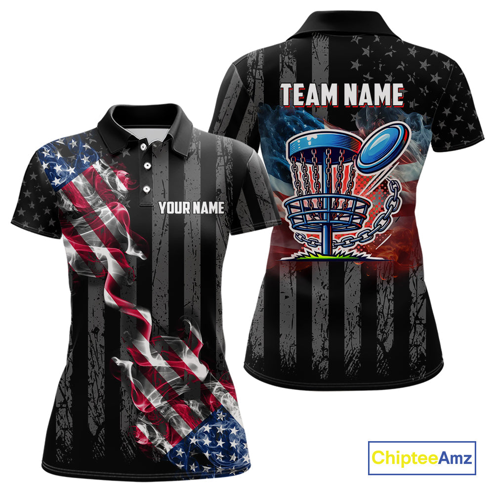 Black American flag smoke disc golf polo shirts Custom Patriotic Team Disc Golf attire