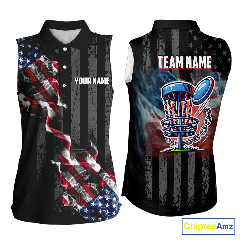Black American flag smoke 's Sleeveless Polo Shirt Custom Patriotic Team Disc Golf attire