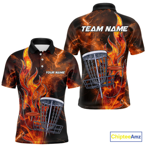 Orange Flame Lightning Thunder Disc golf polo shirts Custom Team disc golf outfits