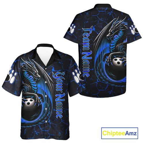 Black And Blue Custom Dragon Bowling Button-up Shirts, Dragon Hawaiian Bowling Team Shirts
