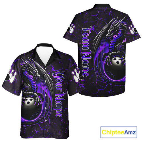 Black And Purple Custom Dragon Bowling Button-up Shirts, Dragon Hawaiian Bowling Team Shirts