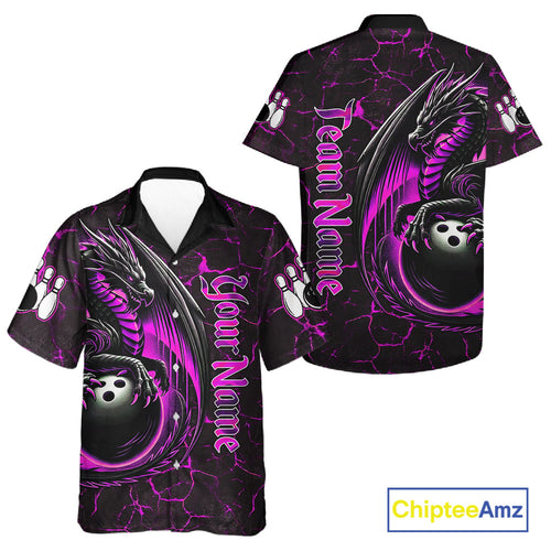 Black And Pink Custom Dragon Bowling Button-up Shirts, Dragon Hawaiian Bowling Team Shirts