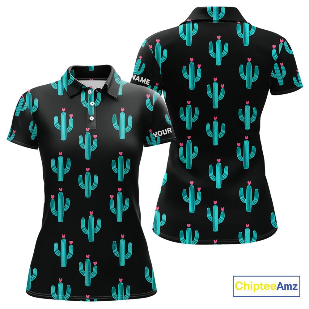 Personalized black & green cactus flower pattern golf polo shirts custom cactus golf shirts
