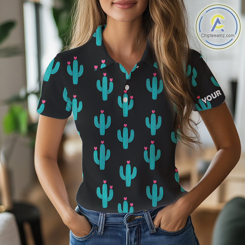 Personalized black & green cactus flower pattern golf polo shirts custom cactus golf shirts