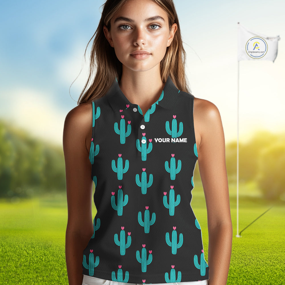 Personalized black & green cactus flower pattern sleeveless polo shirt custom cactus golf shirts