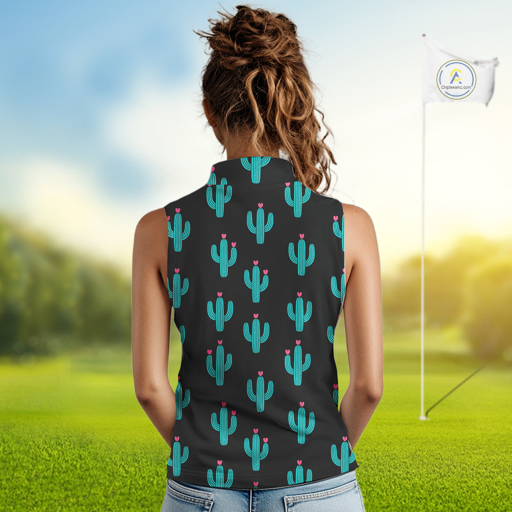 Personalized black & green cactus flower pattern sleeveless polo shirt custom cactus golf shirts
