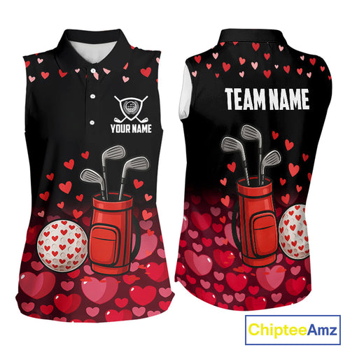 Black and Red Heart Pattern Valentine Sleeveless Golf Polo Shirt Custom Valentine Golf Gifts For her