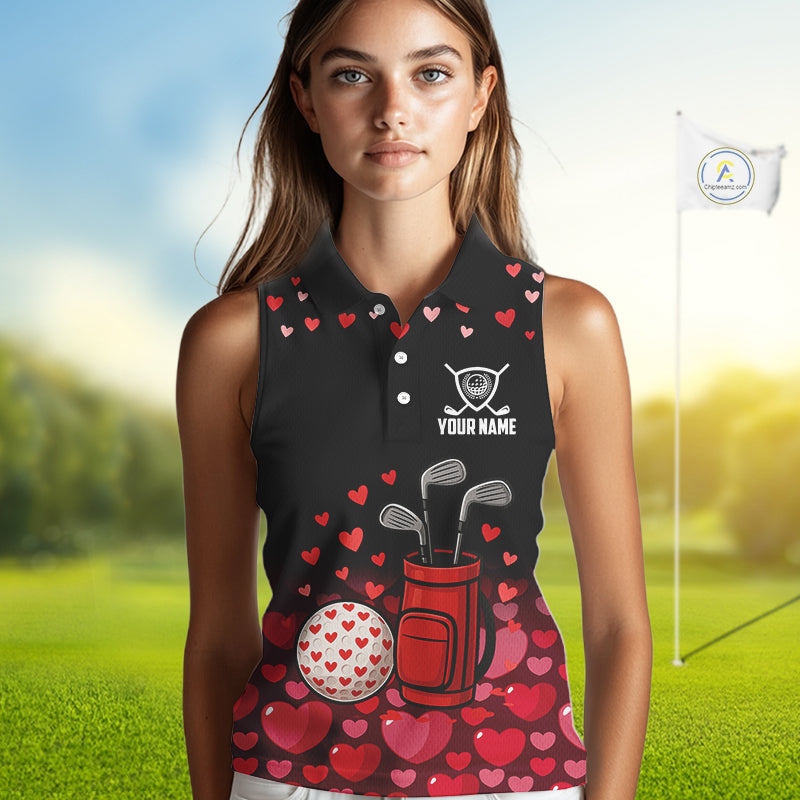 Black and Red Heart Pattern Valentine Sleeveless Golf Polo Shirt Custom Valentine Golf Gifts For her