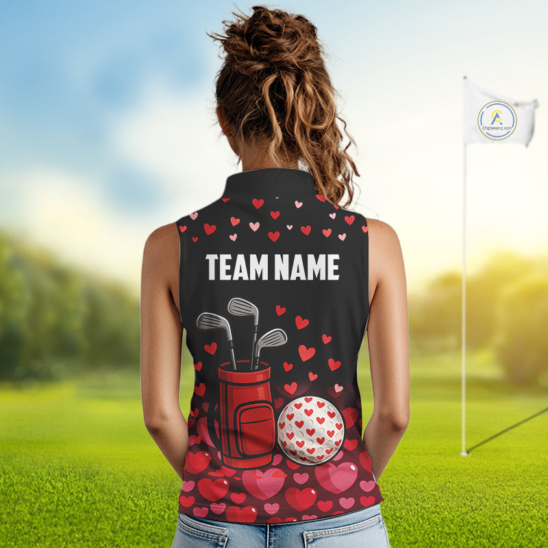 Black and Red Heart Pattern Valentine Sleeveless Golf Polo Shirt Custom Valentine Golf Gifts For her