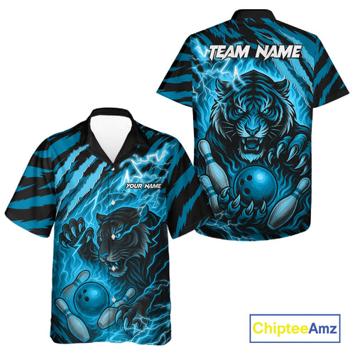 Personalized Tiger Bowling Hawaiian Shirt, Blue Flame Lightning Thunder Tiger Team Bowling Jerseys