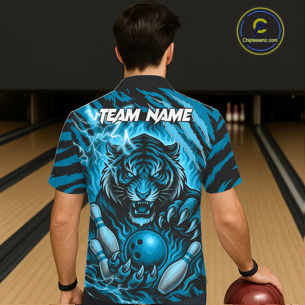 Personalized Tiger Bowling Hawaiian Shirt, Blue Flame Lightning Thunder Tiger Team Bowling Jerseys