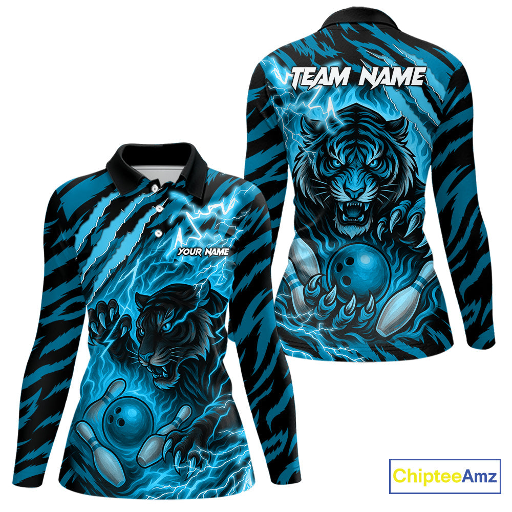 Personalized Tiger Bowling Shirts, Blue Flame Lightning Thunder Tiger Team Bowling Jerseys