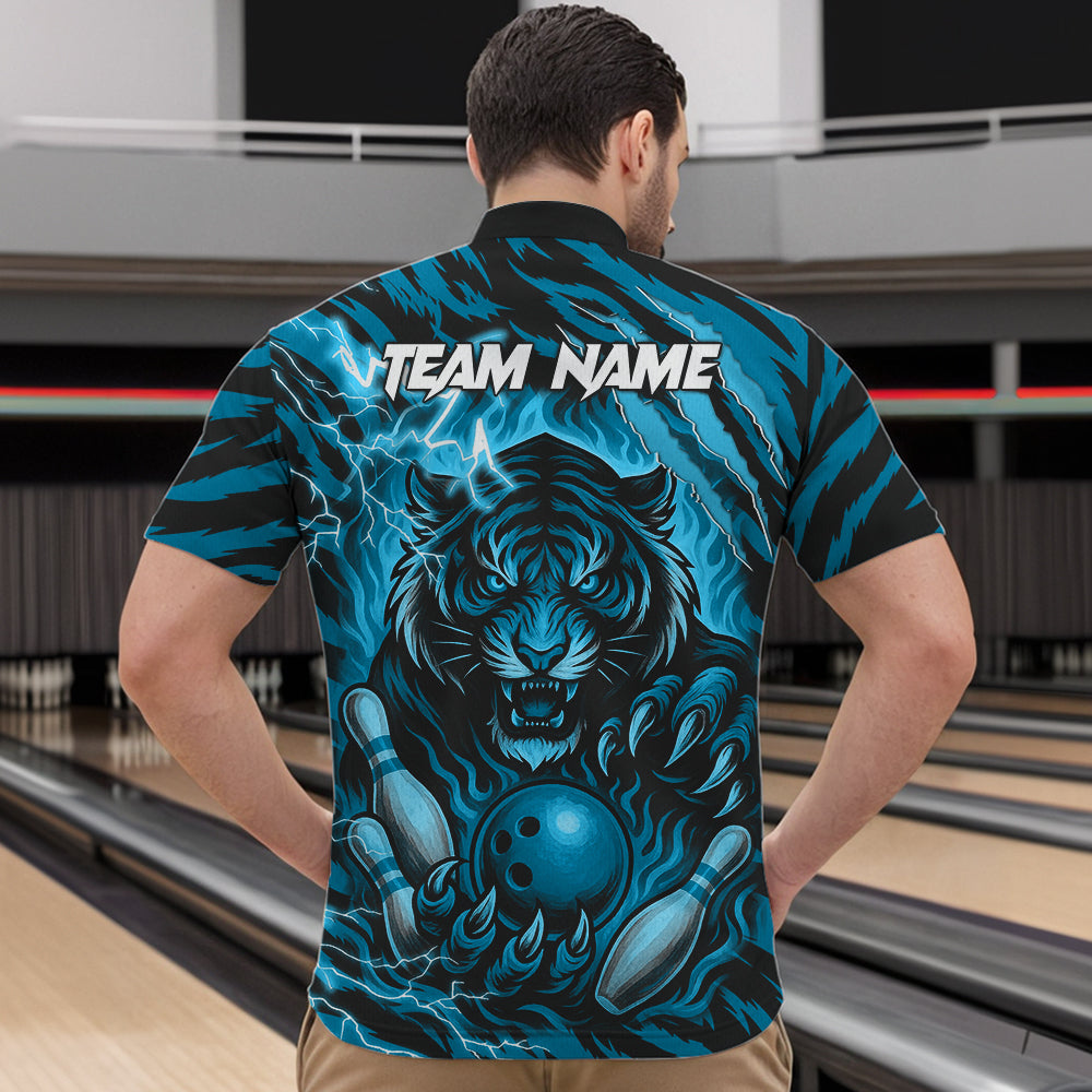 Personalized Tiger Bowling Shirts, Blue Flame Lightning Thunder Tiger Team Bowling Jerseys