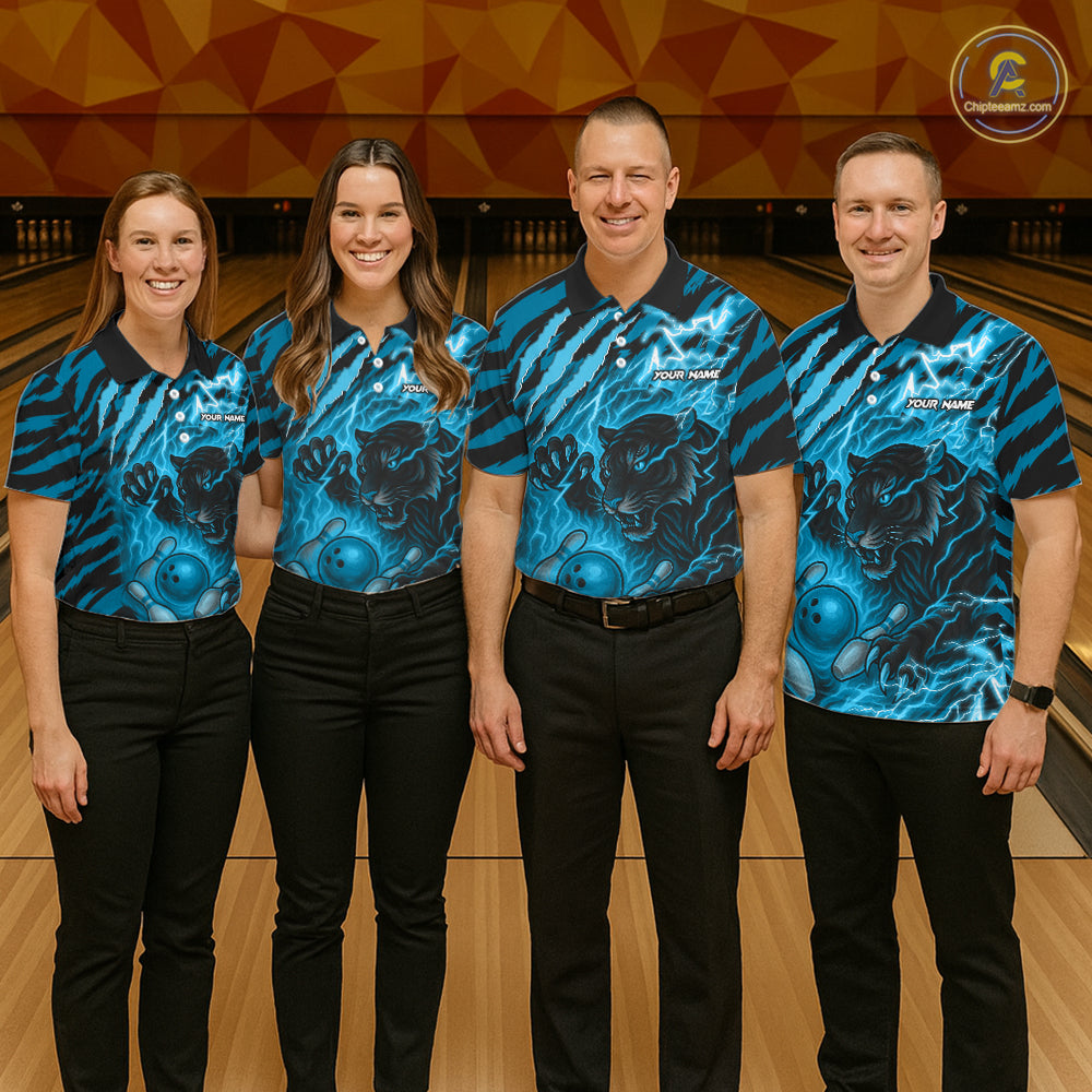 Personalized Tiger Bowling Shirts, Blue Flame Lightning Thunder Tiger Team Bowling Jerseys