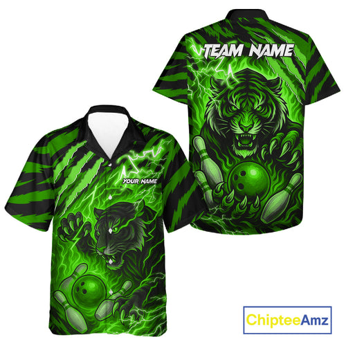 Personalized Tiger Bowling Hawaiian Shirt, Green Flame Lightning Thunder Tiger Team Bowling Jerseys