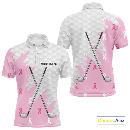 Light Pink ribbon breast cancer pattern custom white golf polo shirts, team golf clubs tops