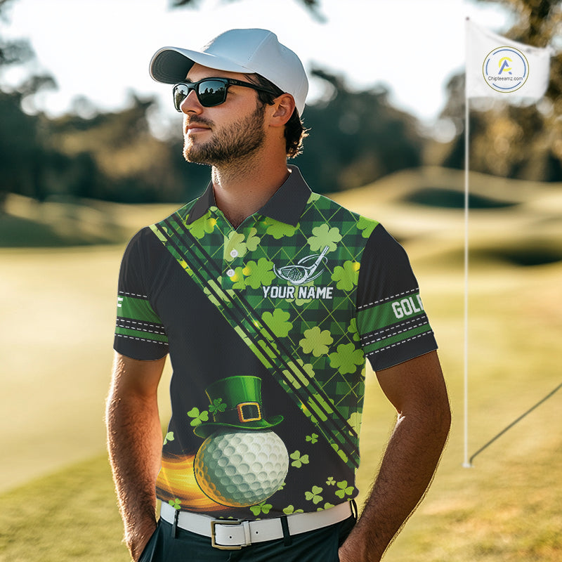 Black and Green shamrock argyle pattern Golf Polo Shirts Custom St Patrick golf top
