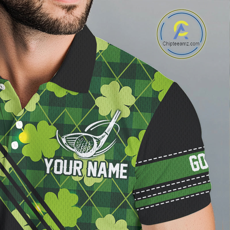 Black and Green shamrock argyle pattern Golf Polo Shirts Custom St Patrick golf top