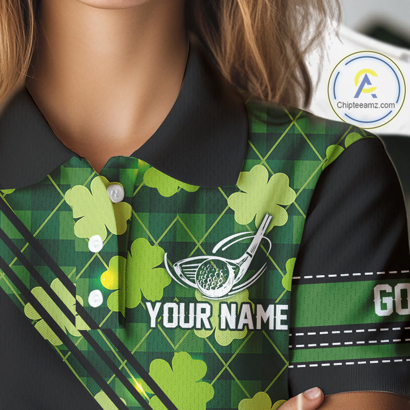 Black and Green shamrock argyle pattern Golf Polo Shirts Custom St Patrick golf top