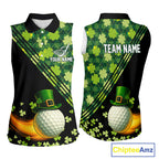 Black and Green shamrock argyle pattern Sleeveless Golf Polo Shirt Custom St Patrick golf top