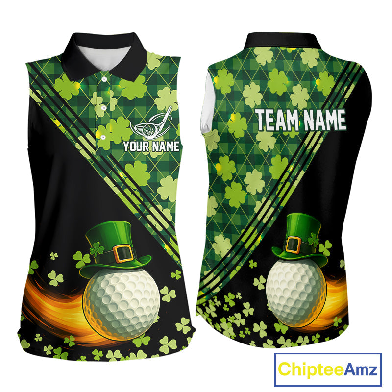Black and Green shamrock argyle pattern Sleeveless Golf Polo Shirt Custom St Patrick golf top