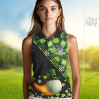 Black and Green shamrock argyle pattern Sleeveless Golf Polo Shirt Custom St Patrick golf top