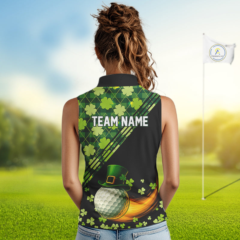 Black and Green shamrock argyle pattern Sleeveless Golf Polo Shirt Custom St Patrick golf top