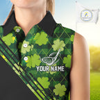 Black and Green shamrock argyle pattern Sleeveless Golf Polo Shirt Custom St Patrick golf top