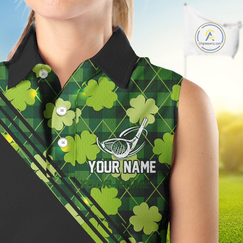 Black and Green shamrock argyle pattern Sleeveless Golf Polo Shirt Custom St Patrick golf top